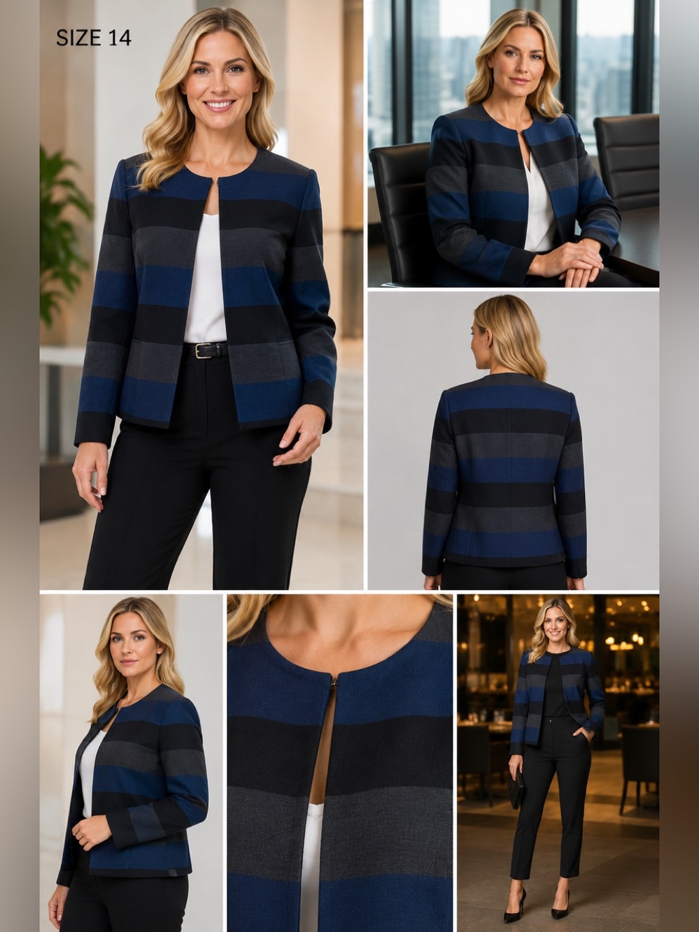 Tahari Arthur S Levine blue gray striped blazer